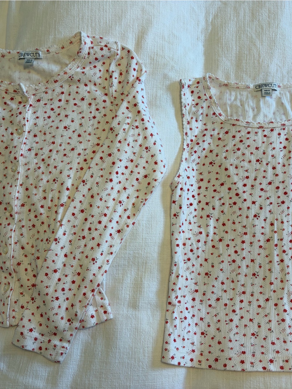 Pointelle Cream Ribbed Tank & long sleeve top Set with Red Floral Print